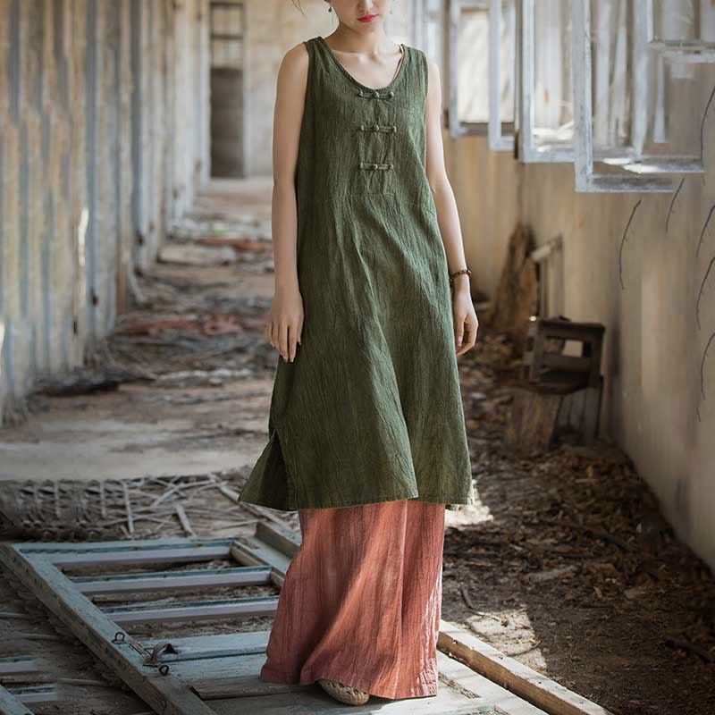 Buddha Stones Frog-Button Ramie Linen Women's Sleeveless Knee Length Dress With Pockets - image 19