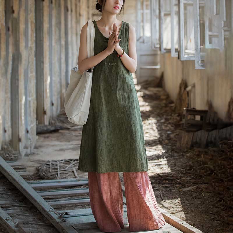 Buddha Stones Frog-Button Sleeveless Cami Midi Dress Ramie Linen Wide Leg Pants With Pockets