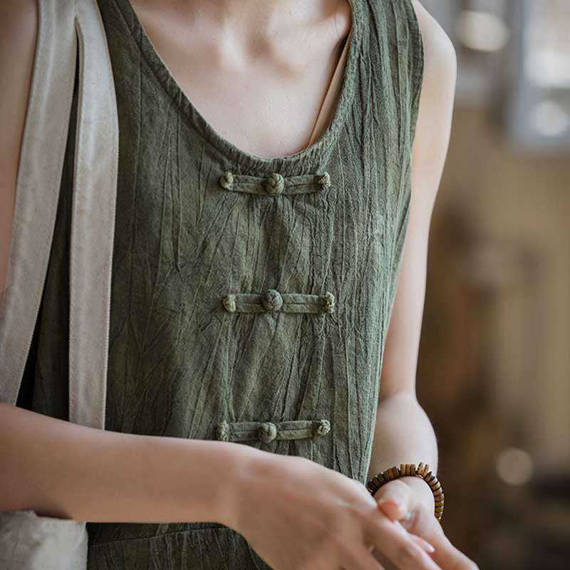 Buddha Stones Frog-Button Sleeveless Cami Midi Dress Ramie Linen Wide Leg Pants With Pockets - image 24