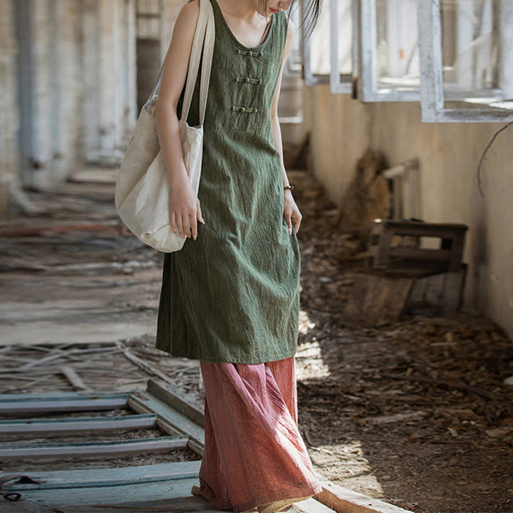 Buddha Stones Frog-Button Sleeveless Cami Midi Dress Ramie Linen Wide Leg Pants With Pockets