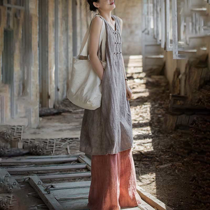 Buddha Stones Frog-Button Sleeveless Cami Midi Dress Ramie Linen Wide Leg Pants With Pockets - image 28