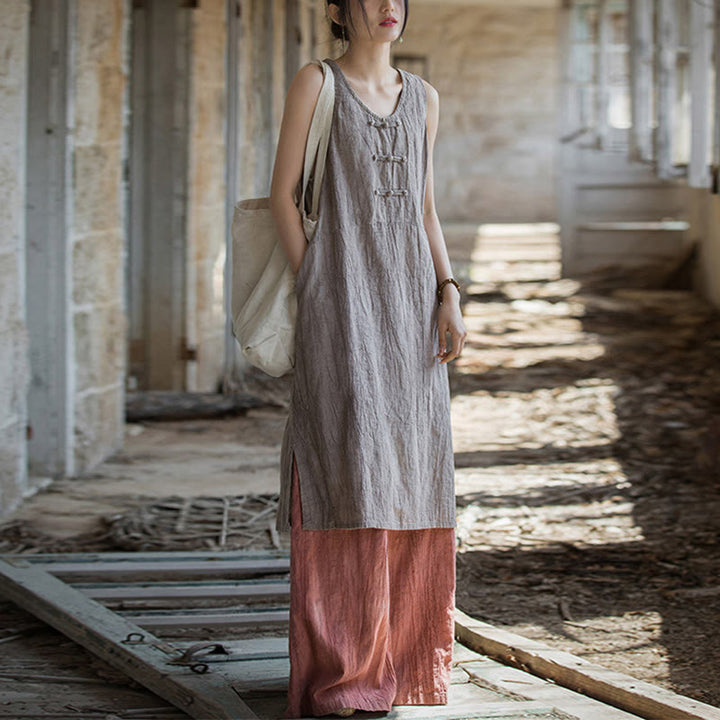 Buddha Stones Frog-Button Sleeveless Cami Midi Dress Ramie Linen Wide Leg Pants With Pockets