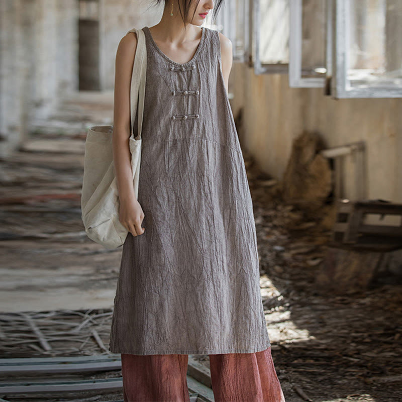 Buddha Stones Frog-Button Sleeveless Cami Midi Dress Ramie Linen Wide Leg Pants With Pockets