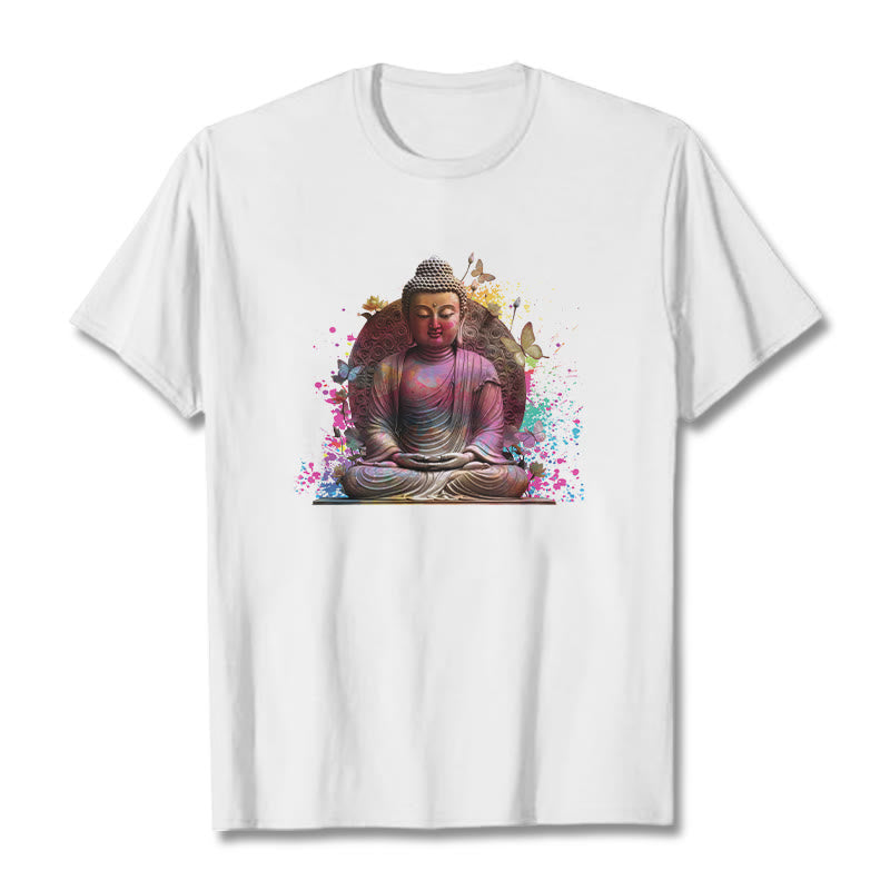 Buddha Stones Butterfly Meditation Buddha Tee T-shirt - White - 2XL - image 3