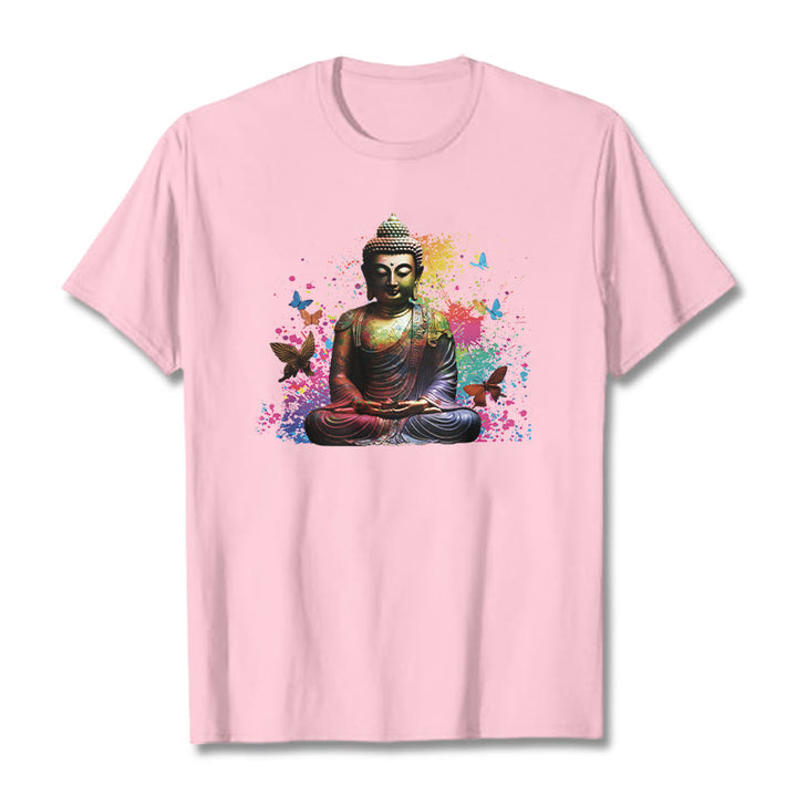 Buddha Stones Colorful Butterfly Flying Meditation Buddha Tee T-shirt