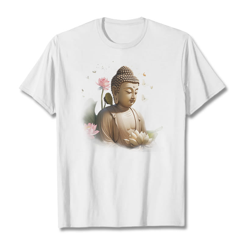 Buddha Stones Lotus Butterfly Meditation Buddha Tee T-shirt - White - 2XL - image 1