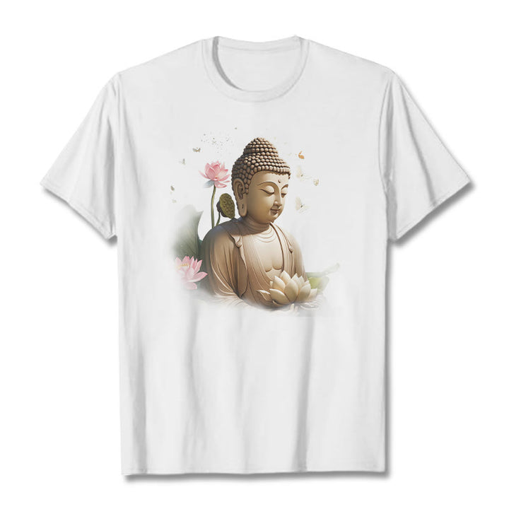 Buddha Stones Lotus Butterfly Meditation Buddha Tee T-shirt - White - 2XL - image 1