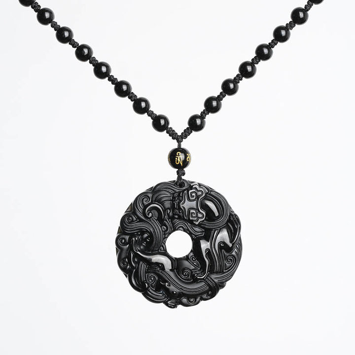 Buddha Stones Natural Black Obsidian Peace Buckle Pixiu Purification Necklace Pendant