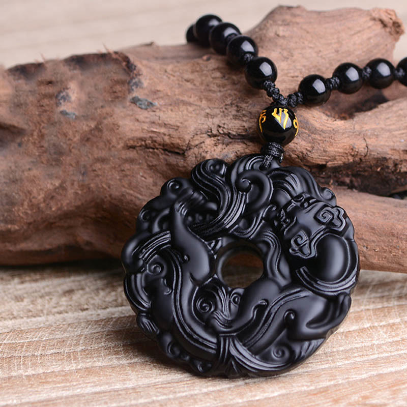 Buddha Stones Natural Black Obsidian Peace Buckle Pixiu Purification Necklace Pendant