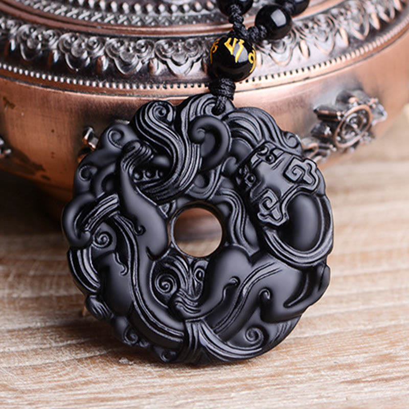 Buddha Stones Natural Black Obsidian Peace Buckle Pixiu Purification Necklace Pendant - image 16