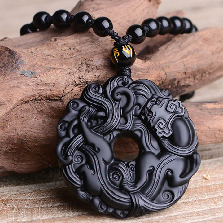 Buddha Stones Natural Black Obsidian Peace Buckle Pixiu Purification Necklace Pendant - image 11
