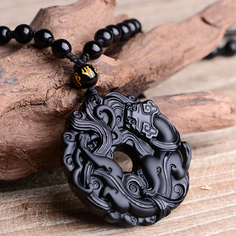 Buddha Stones Natural Black Obsidian Peace Buckle Pixiu Purification Necklace Pendant