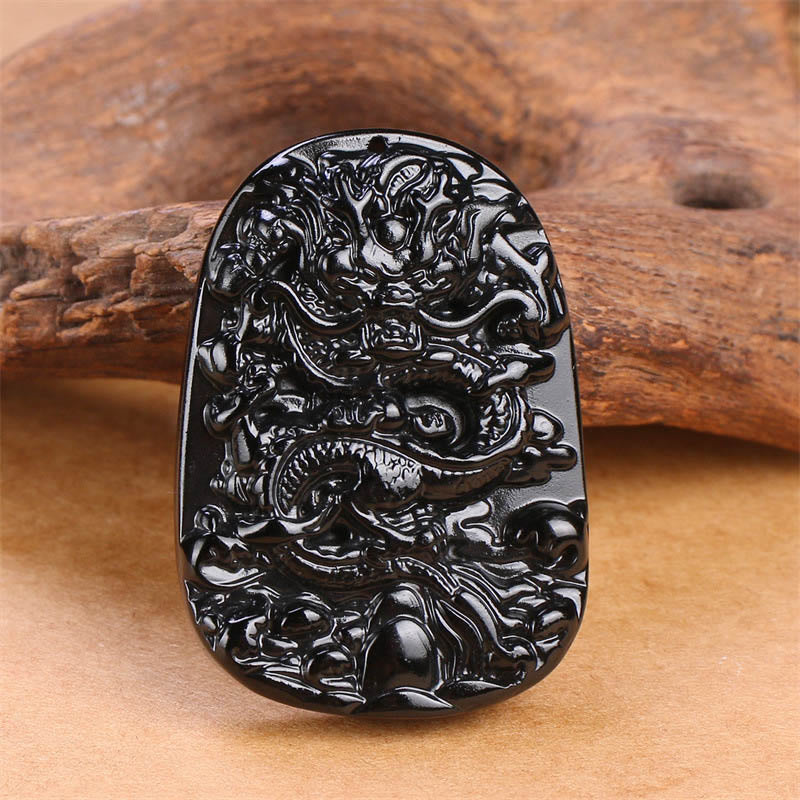 Buddha Stones Black Obsidian Dragon Carved Luck Protection Necklace Pendant - image 2