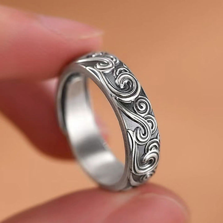 Buddha Stones 999 Sterling Silver Auspicious Clouds Engraved Blessing Adjustable Ring