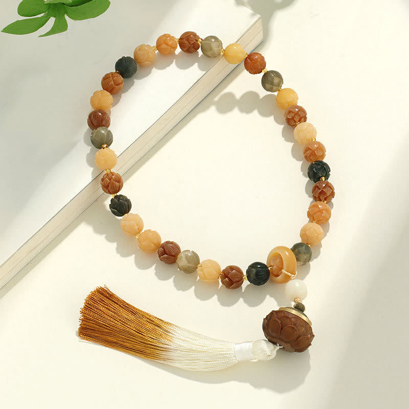 Buddha Stones Natural Bodhi Seed Om Mani Padme Hum Lotus Carved Wisdom Wrist Mala