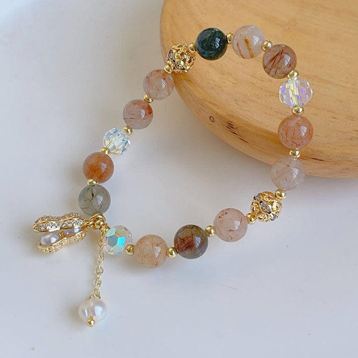 Buddha Stones Sun Stone Colorful Rutilated Quartz Wealth Peanut Charm Bracelet