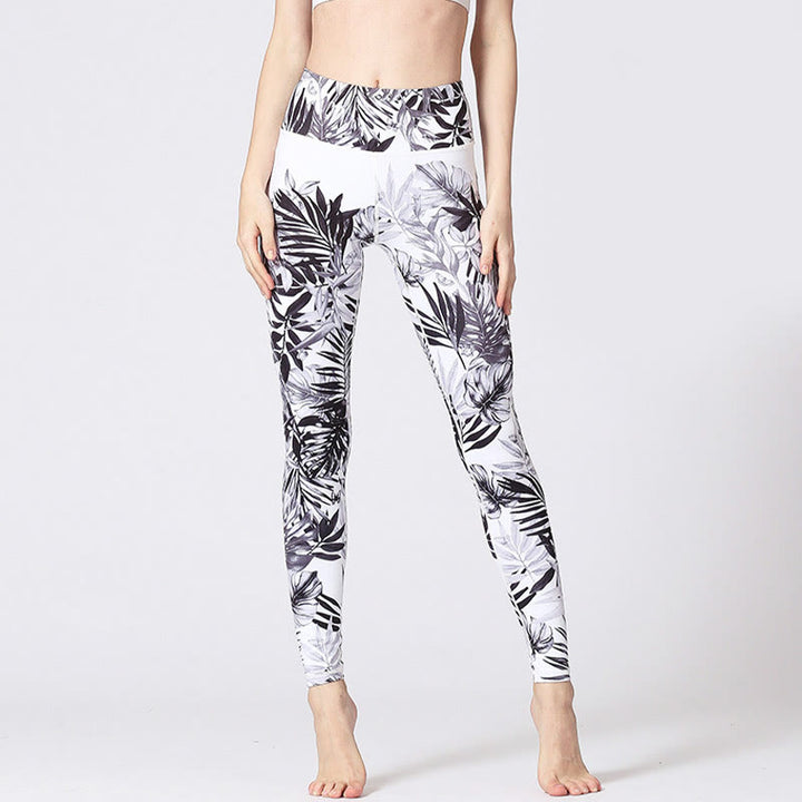 Buddha Stones Lines Weeds Sakura Flowers Black Tree Pants Sports Fitness Yoga Leggings Women's Yoga Pants - White Black Leaves - US8-10，UK/AU12-14，EU40-42 (XL) - image 35