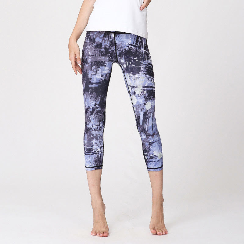 Buddha Stones Cherry Blossoms Sakura Lines Print Sports Yoga Cropped Leggings Women's Yoga Capri Pants - Gray Blue Lines - US8-10，UK/AU12-14，EU40-42 (XL) - image 9