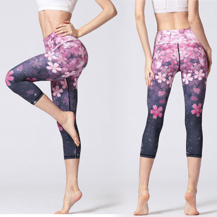 Buddha Stones Cherry Blossoms Sakura Lines Print Sports Yoga Cropped Leggings Women's Yoga Capri Pants