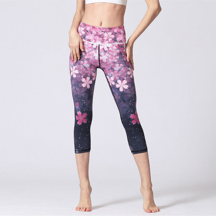 Buddha Stones Cherry Blossoms Sakura Lines Print Sports Yoga Cropped Leggings Women's Yoga Capri Pants