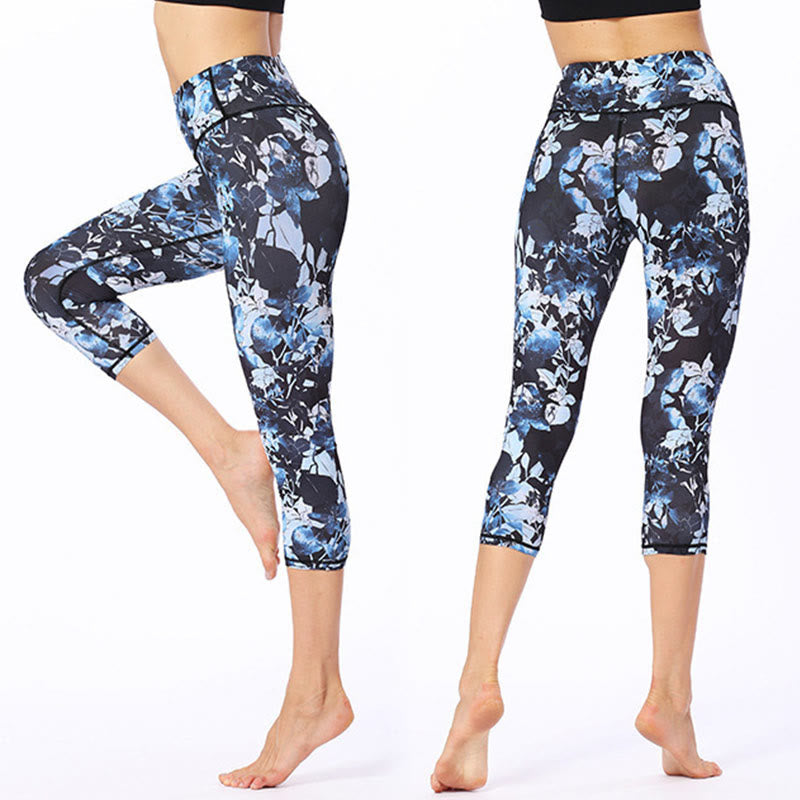 Buddha Stones Leaves Butterfly Print Sports Yoga Cropped Leggings Women's Yoga Capri Pants - CornflowerBlue - US8-10，UK/AU12-14，EU40-42 (XL) - image 0