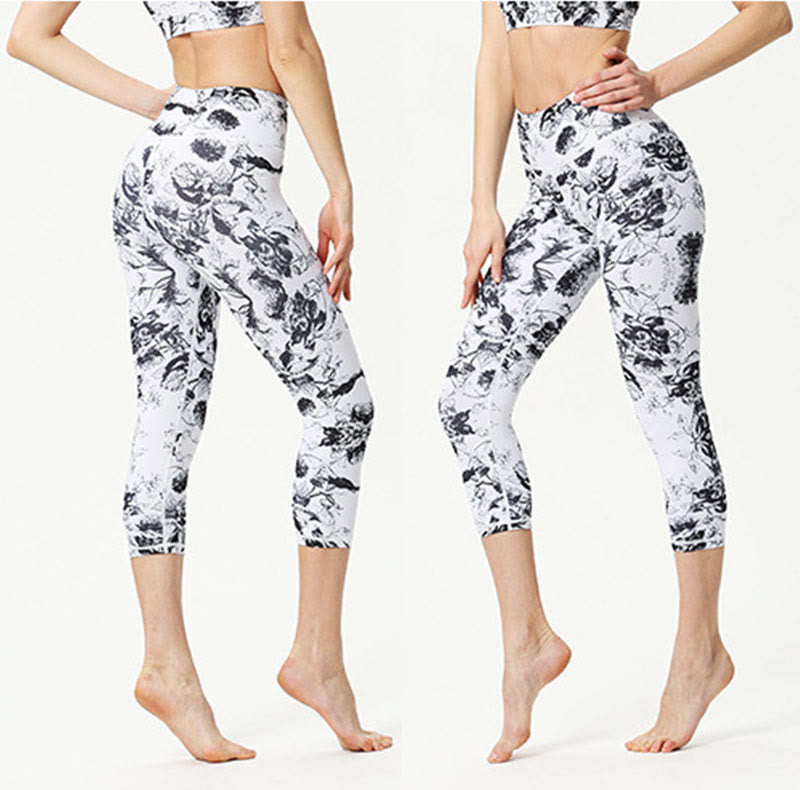 Buddha Stones Leaves Butterfly Print Sports Yoga Cropped Leggings Women's Yoga Capri Pants