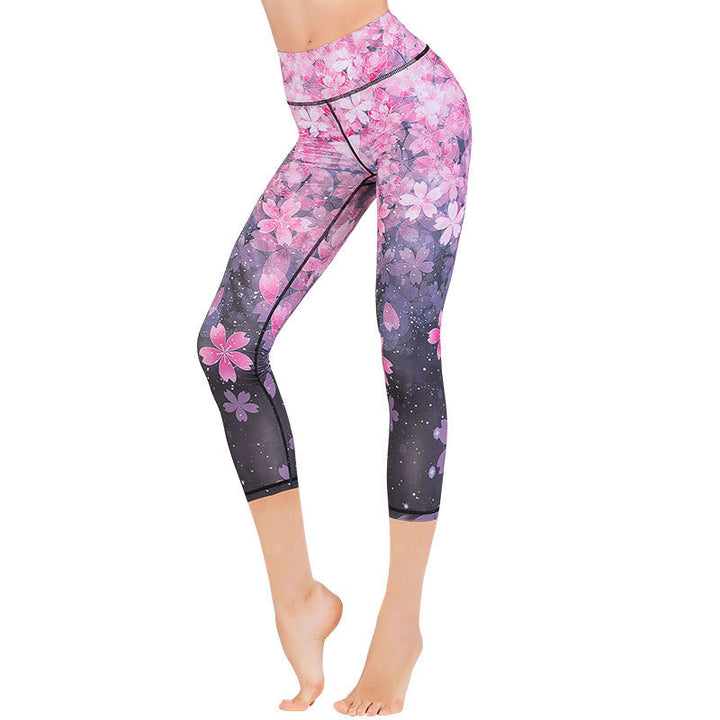 Buddha Stones Lotus Cherry Blossom Gradient Peacock Print Lycra Fabric Sports Cropped Leggings Women's Yoga Capri Pants