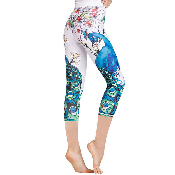 Buddha Stones Lotus Cherry Blossom Gradient Peacock Print Lycra Fabric Sports Cropped Leggings Women's Yoga Capri Pants