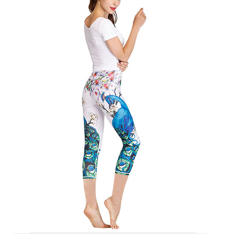 Buddha Stones Lotus Cherry Blossom Gradient Peacock Print Lycra Fabric Sports Cropped Leggings Women's Yoga Capri Pants