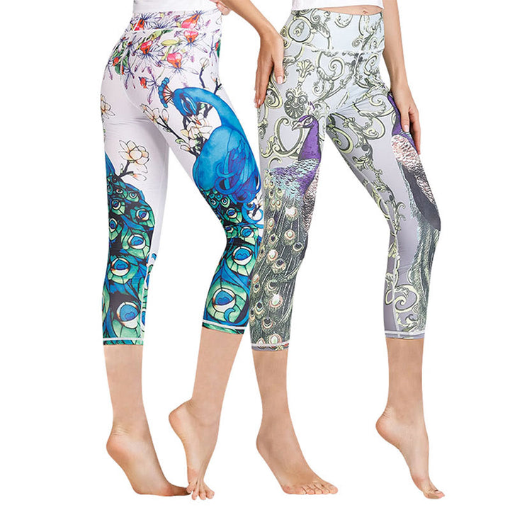 Buddha Stones Lotus Cherry Blossom Gradient Peacock Print Lycra Fabric Sports Cropped Leggings Women's Yoga Capri Pants