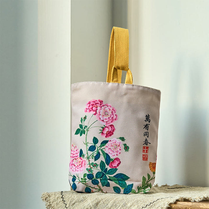 Buddha Stones Peony Canvas Handbag