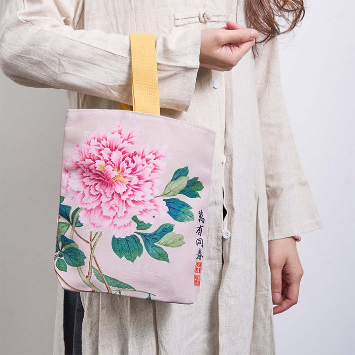 Buddha Stones Peony Canvas Handbag