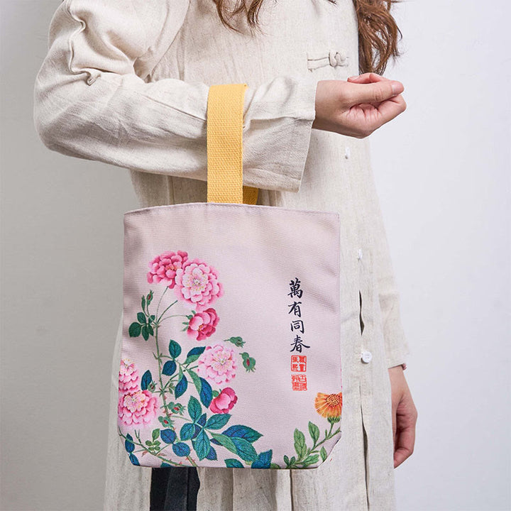 Buddha Stones Peony Canvas Handbag