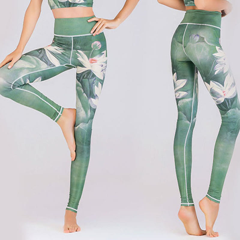 Buddha Stones Lotus Cherry Blossom Gradient Peacock Print Lycra Fabric Fitness Leggings Women's Yoga Pants