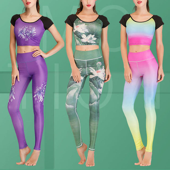 Buddha Stones Lotus Cherry Blossom Gradient Peacock Print Lycra Fabric Fitness Leggings Women's Yoga Pants