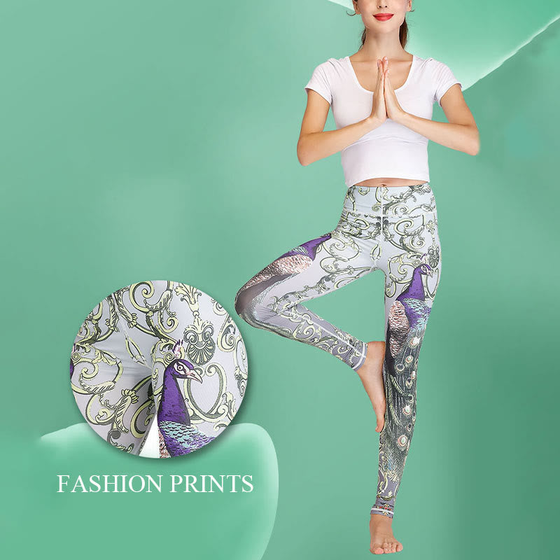 Buddha Stones Lotus Cherry Blossom Gradient Peacock Print Lycra Fabric Fitness Leggings Women's Yoga Pants