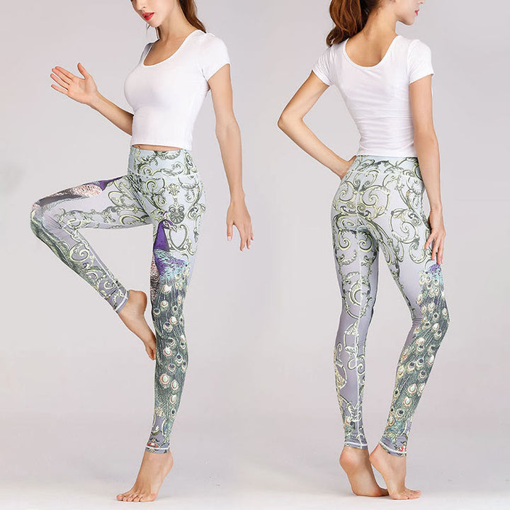 Buddha Stones Lotus Cherry Blossom Gradient Peacock Print Lycra Fabric Fitness Leggings Women's Yoga Pants