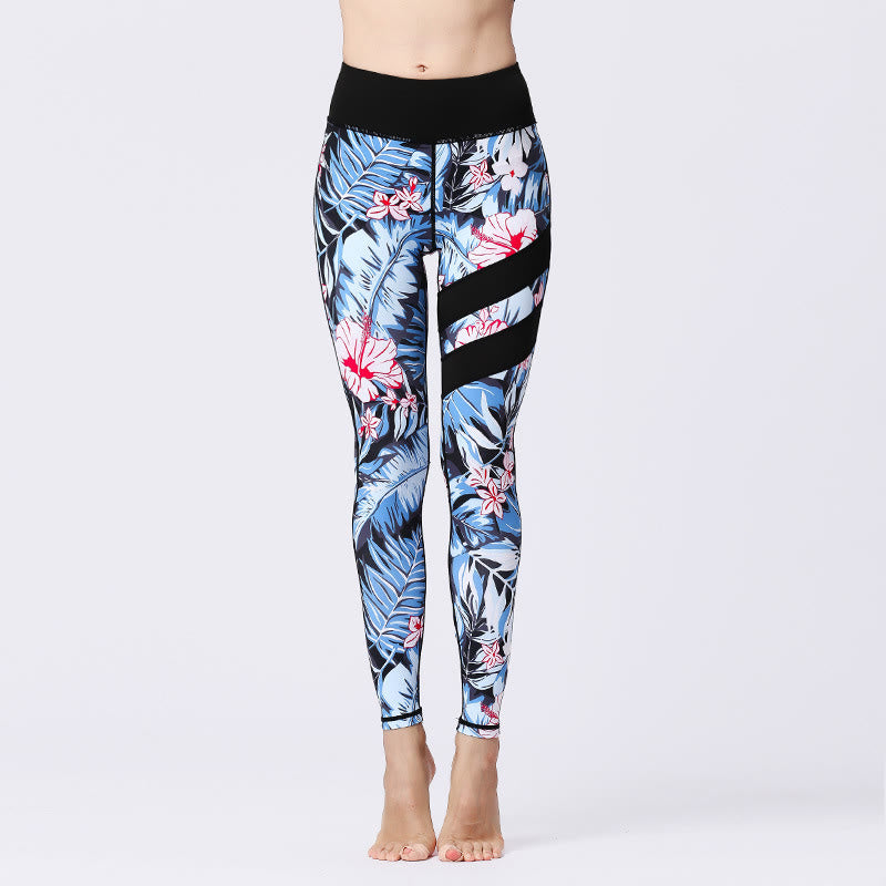 Buddha Stones Flower Petal Leaves Print Sports Exercise Fitness High Waist Leggings Women's Yoga Pants - SkyBlue - US8-10，UK/AU12-14，EU40-42 (XL) - image 1