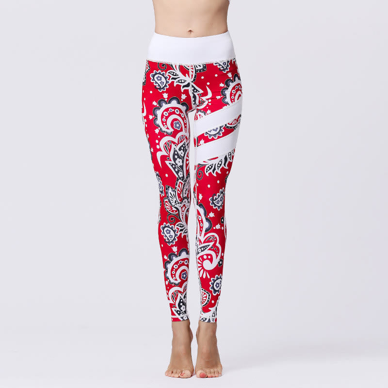 Buddha Stones Flower Petal Leaves Print Sports Exercise Fitness High Waist Leggings Women's Yoga Pants - Red - US8-10，UK/AU12-14，EU40-42 (XL) - image 35