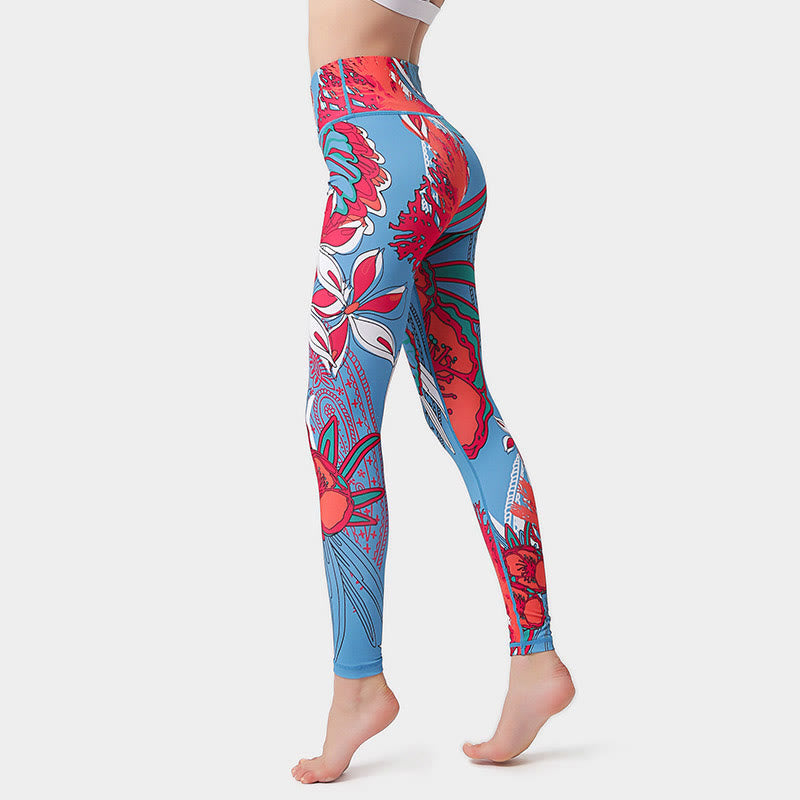 Buddha Stones Colorful Flower Petal Leaves Print Sports Exercise Fitness High Waist Leggings Women's Yoga Pants - Crimson - US8-10，UK/AU12-14，EU40-42 (XL)  - image 13