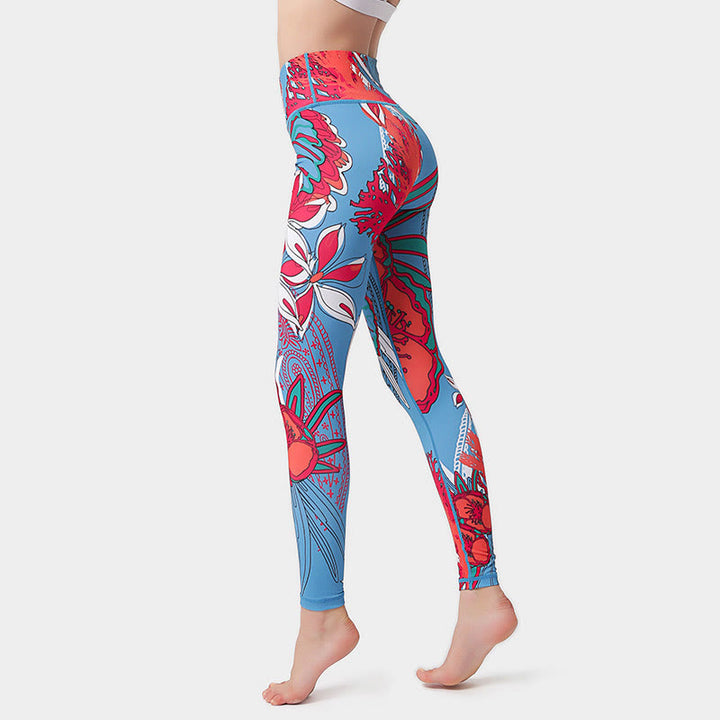 Buddha Stones Colorful Flower Petal Leaves Print Sports Exercise Fitness High Waist Leggings Women's Yoga Pants - Crimson - US8-10，UK/AU12-14，EU40-42 (XL)  - image 13