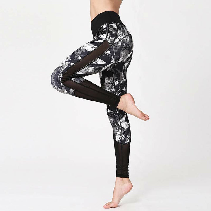 Buddha Stones White Black Ink Brush Lines Print Sports Fitness Mesh Leggings Women's Yoga Pants - image 3