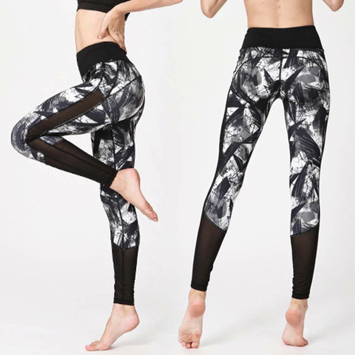 Buddha Stones White Black Ink Brush Lines Print Sports Fitness Mesh Leggings Women's Yoga Pants