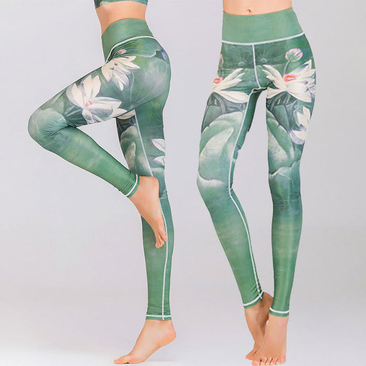 Buddha Stones Lotus Cherry Blossom Gradient Peacock Print Lycra Fabric Fitness Leggings Women's Yoga Pants