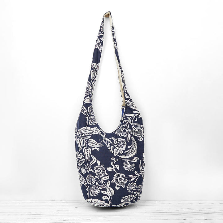 Buddha Stones Navy Blue White Flower Pattern Cotton Crossbody Bag Shoulder Bag