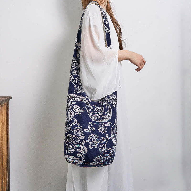 Buddha Stones Navy Blue White Flower Pattern Cotton Crossbody Bag Shoulder Bag