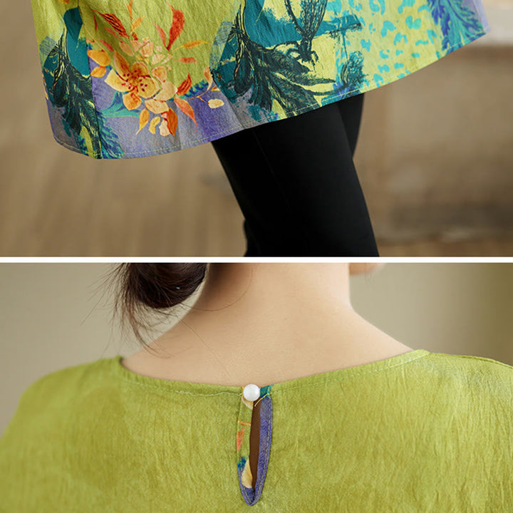 Buddha Stones Yellow Green Flowers Three Quarter Sleeve Linen T-shirt Tee - image 7