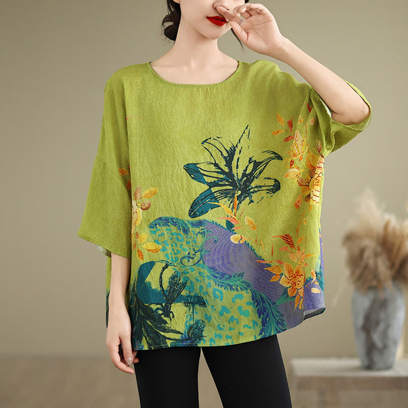 Buddha Stones Yellow Green Flowers Three Quarter Sleeve Linen T-shirt Tee