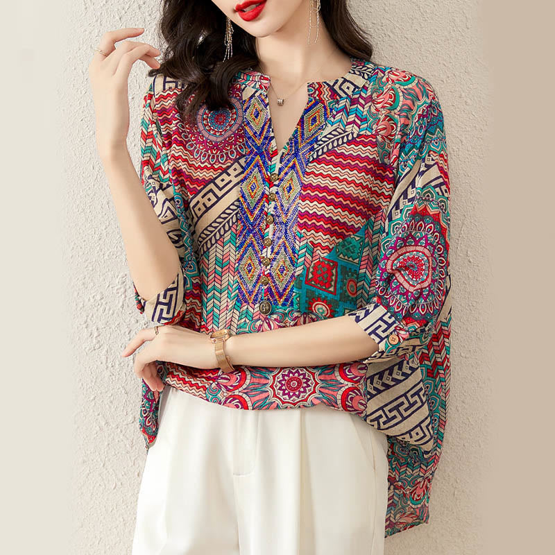 Buddha Stones Women's Mandala Geometry Half Button Shirt - image 7