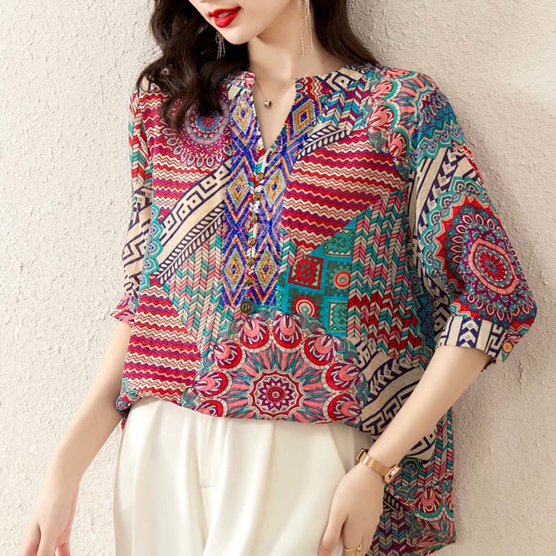 Buddha Stones Women's Mandala Geometry Half Button Shirt